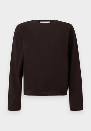 Long-sleeve, dark brown crewneck sweatshirt with a straight hem, displayed on a plain white background.