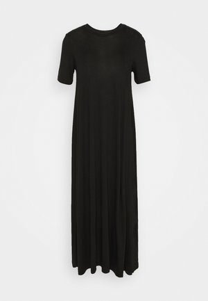 Schwarzes kurzärmliges Maxikleid mit Rundhalsausschnitt, lockerer Passform und fließendem Saum auf weißem Hintergrund.