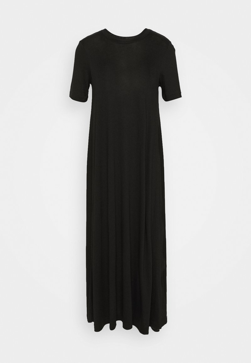 Robe maxi noire à manches courtes avec col rond, coupe ample et ourlet fluide sur fond blanc uni.