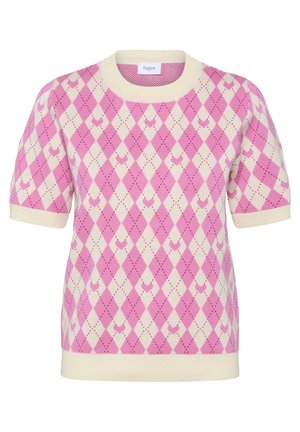 Pulover tricotat cu mâneci scurte, model argyle roz și crem cu forme mici de inimă, cu guler, manșete și tiv crem și striați.