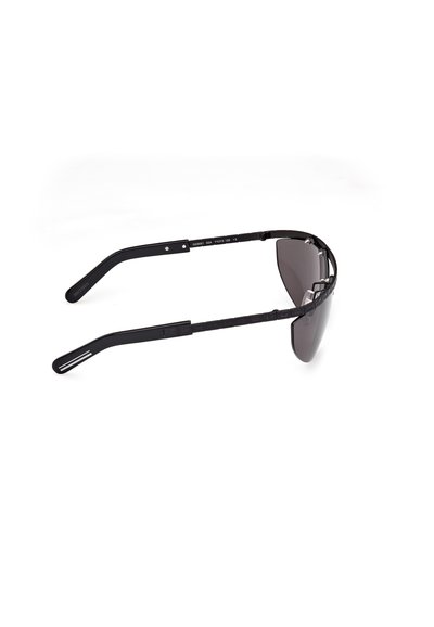 Black sunglasses with dark lenses, slim frame, and straight temples, featuring a textured rear for grip and a subtle logo detail.