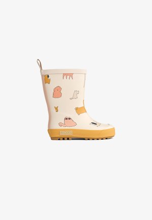 Botte en caoutchouc imperméable pour enfants, crème avec des illustrations d'animaux ludiques, semelle extérieure jaune, grip texturé et boucle pour un enfilage facile.