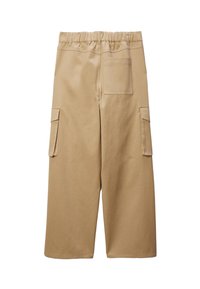 Pantalons cargo beiges avec une taille élastique, deux poches latérales et une poche arrière. Fabriqués en coton résistant avec une texture lisse.