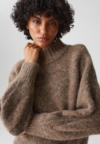 Maglione marrone e morbido con un colletto alto a coste e maniche larghe e texturizzate. Il tessuto sembra morbido e caldo con un motivo naturale.