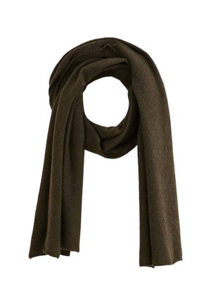 Écharpe tissée marron avec une texture lisse, drapée en boucle. Présente un tissu doux avec des bords effilochés. Accessoire léger et polyvalent.