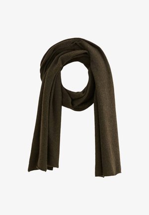 Écharpe tissée marron avec une texture lisse, drapée en boucle. Présente un tissu doux avec des bords effilochés. Accessoire léger et polyvalent.