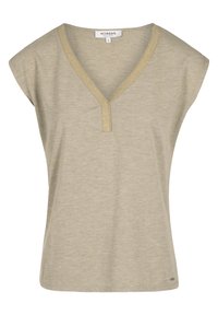 Beige T-shirt med kort ärm och V-ringning, med en texturerad guldtrim längs kragen. Mjuk tyg och avslappnad passform.