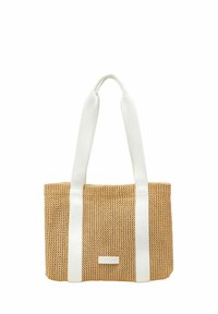 Geflochtene Strohtasche in Beige mit weißen Stoffgriffen, rechteckiger Form und einem dezenten Logo-Detail auf der Vorderseite.