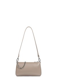 Borsa a mano in pelle beige con finitura liscia, dotata di un accento a catena rimovibile e di una sola tracolla. Forma rettangolare, chiusura con zip.