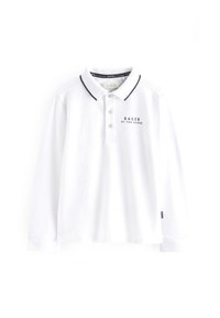 Witte lange mouwen polo shirt van katoen, met een kraag met marineblauwe afwerking, drie knopen en "BAKER by TED BAKER" in het zwart bedrukt.