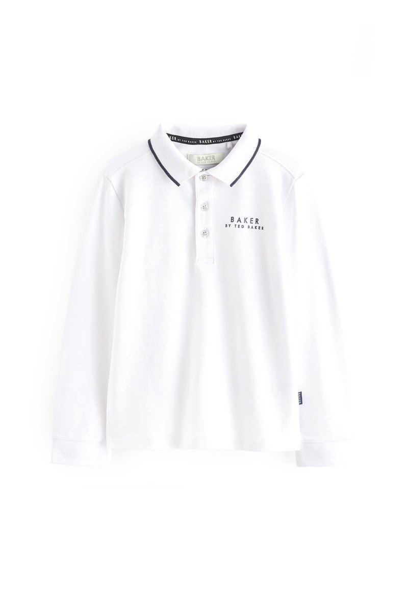 Witte lange mouwen polo shirt van katoen, met een kraag met marineblauwe afwerking, drie knopen en "BAKER by TED BAKER" in het zwart bedrukt.