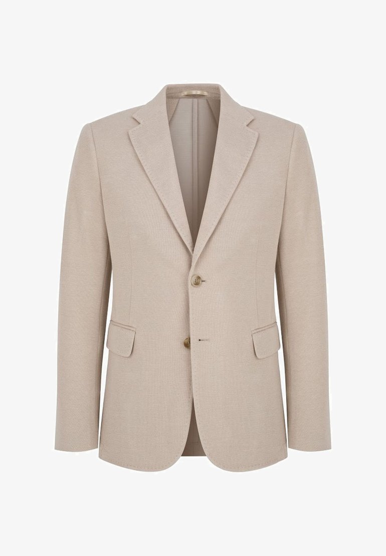 Beżowa marynarka o fakturowanej tkaninie, z klapami poszetkowymi, zapięciem na dwa guziki z przodu i dwiema kieszeniami na froncie. Prosty, dopasowany fason.