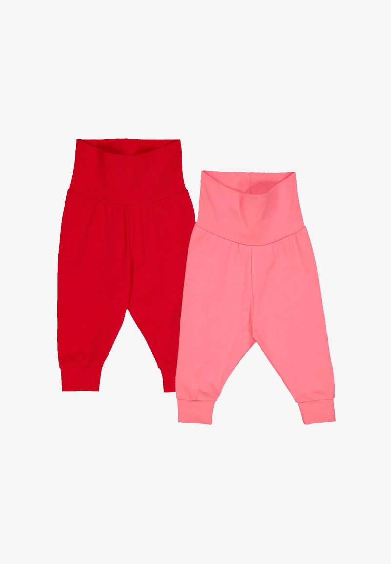Leggings en coton rouges et rose clair, avec des tailles hautes, des poignets élastiques et une coupe décontractée avec une texture lisse.