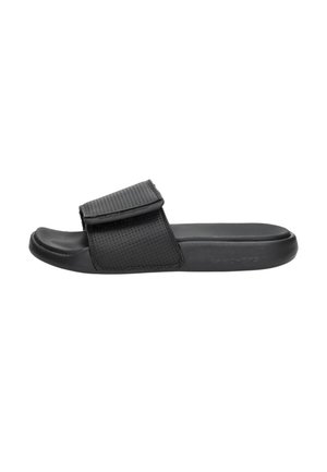 Zwarte slide-sandaal met een textured, verstelbare strap, een gewatteerde zool en een gladde afwerking. Ontworpen voor casual gebruik en comfort.