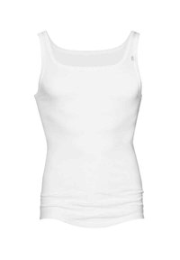 White cotton tank top with a square neckline and narrow straps. Smooth texture, fitted design, and no visible patterns or accents.