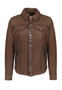 Giacca in pelle marrone con colletto classico, chiusura frontale con bottoni a pressione, due tasche sul petto, tasche laterali con zip e dettagli di cuciture visibili.