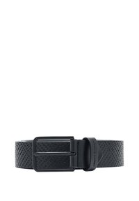 Cinturón de cuero negro texturizado con hebilla metálica rectangular y marca en relieve. El diseño es simple con una superficie estampada.