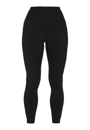 Sorte leggings med en høj, crossover talje. Lavet af strækbart stof med en glat struktur og tætsiddende silhuet. Ingen synlige mønstre.