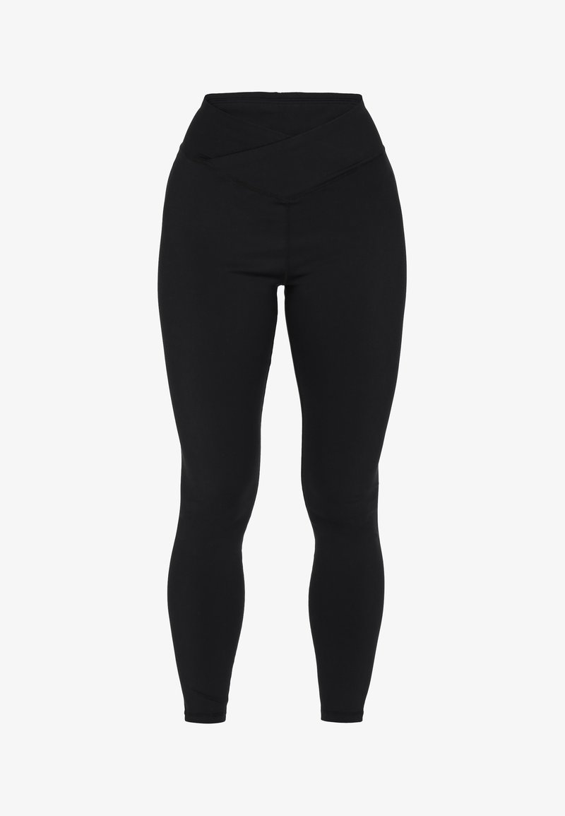 Leggings noirs avec une taille haute à chevauchement. Fabriqués en tissu extensible avec une texture lisse et une silhouette ajustée. Aucun motif visible.