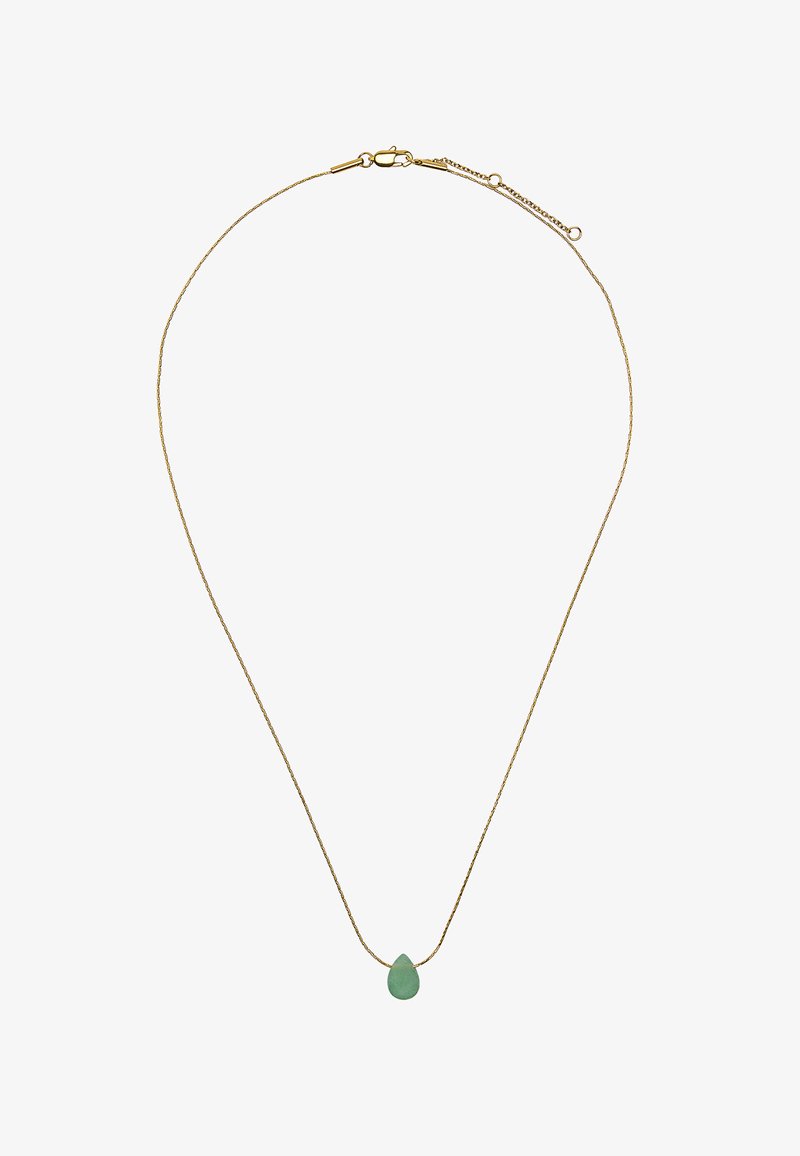 Złota naszyjnik z cienkim łańcuchem i pojedynczym zawieszką w kształcie kropli zielonego kamienia. Minimalistyczny design z nowoczesnym wykończeniem.