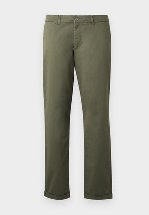 Olive green cotton pants with a straight leg design, cuffed hems, front pockets, and a button closure. Smooth texture with subtle stitching details.