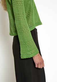 Grüner, gestrickter Pullover mit einem lockeren, offenen Muster, cropped Schnitt und langen Glockenärmeln, kombiniert mit dunklen, enganliegenden Hosen.