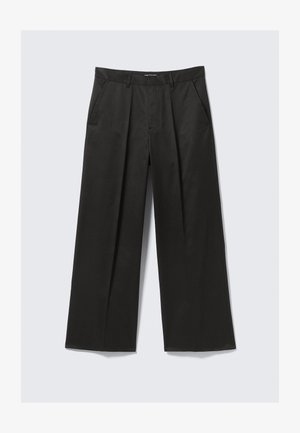 Black wide-leg trousers with a smooth texture, featuring two front pockets and a slightly raised waistband.