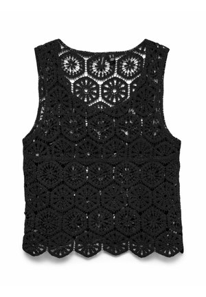 Svart ermeløs heklet topp med sirkulære blomstermønstre og bølget kant, som viser pustende åpen strikkedesign.
