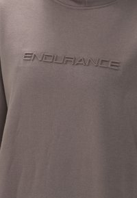 Felpa grigia realizzata in tessuto morbido, con il logo in rilievo "ENDURANCE" al centro. Presenta un collo rilassato e una finitura texturizzata.