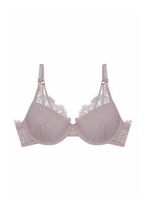 Lace bra in soft mauve, featuring floral patterns, underwire support, adjustable straps, and gold-tone hardware at the center.