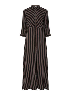 Vestido largo abotonado con rayas verticales en negro y marrón, que presenta un cuello y mangas tres cuartos. Fabricado con tejido ligero.