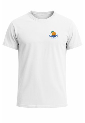 White cotton t-shirt with short sleeves and a round neckline, featuring a blue and orange Capri logo on the left chest area.