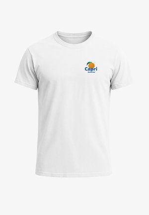 White cotton t-shirt with short sleeves and a round neckline, featuring a blue and orange Capri logo on the left chest area.