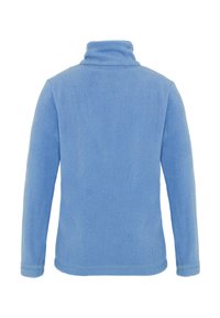 Pullover in pile blu con colletto alto, maniche lunghe e una texture morbida. Costruzione senza cuciture senza hardware o accenti visibili.