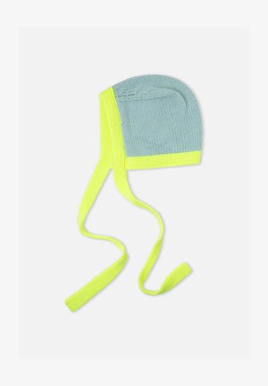 Helehall helesinine müts neoonkollaste äärte ja nööridega. Omaduseks pehme tekstuur ja vormis disain, sobib külma ilma jaoks.