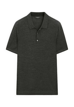 Polo shirt grigio scuro realizzato in tessuto testurizzato, con colletto classico, maniche corte e patta con tre bottoni.