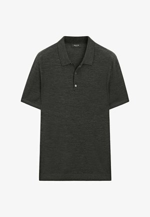 Polo shirt grigio scuro realizzato in tessuto testurizzato, con colletto classico, maniche corte e patta con tre bottoni.