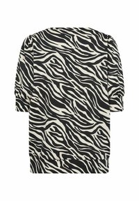 Sort og hvid zebra print top med trekvartærmer, lavet af et strækbart materiale, med rund halsudskæring og løs pasform.