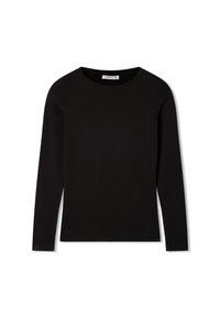 Czarna bluzka z długim rękawem z miękkiego materiału, z okrągłym dekoltem i klasyczną sylwetką z prostymi brzegami. Brak wzorów lub ozdób.