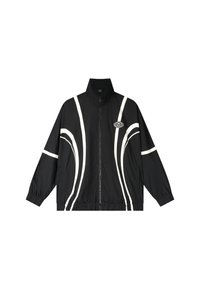 Black windbreaker jacket with white curved stripes, high collar, zip closure, elastic cuffs, and elastic hem. Features a circular logo patch.