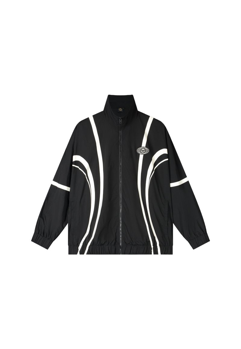 Black windbreaker jacket with white curved stripes, high collar, zip closure, elastic cuffs, and elastic hem. Features a circular logo patch.