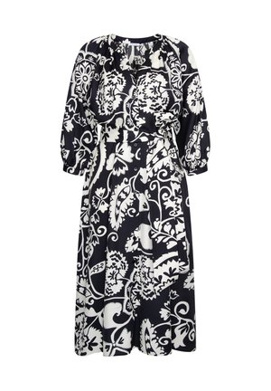 Schwarz-weiß gemustertes Midikleid mit floralen Motiven, dreiviertel Puffärmel, V-Ausschnitt, durchgehender Knopfleiste und passendem Stoffgürtel.