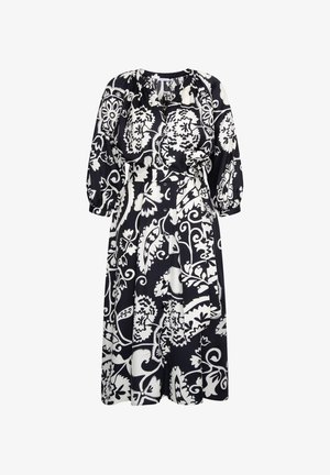 Zwart-witte midi-jurk met bloemenpatroon, driekwart mouwen met pof, V-hals, knoopsluiting aan de voorkant en een bijpassende stoffen ceintuur.
