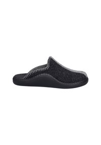 Zoccoli in feltro neri e grigi con un design slip-on, caratterizzati da una superficie testurizzata e cuciture rinforzate lungo i bordi. Suola in gomma.