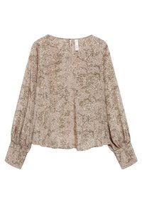 Bluse med lange ærmer i lys beige med et struktureret, prikket mønster i mørk oliven. Har rund halsudskæring og rynkede manchetter.