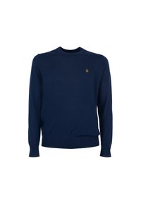 Maglione blu navy realizzato in tessuto a maglia, con scollatura tonda, maniche lunghe, polsini e orlo a coste, e un piccolo logo dorato sul petto.