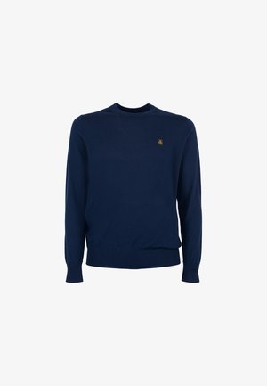 Marineblauwe trui van gebreide stof, met een ronde halslijn, lange mouwen, ribgebreide manchetten en zoom, en een klein gouden logo op de borst.