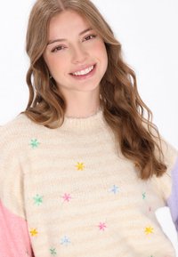 Maglione lavorato a maglia con una base crema, accenti rosa pastello e viola, e ricami floreali colorati. Collo tondo con una finitura testurizzata.