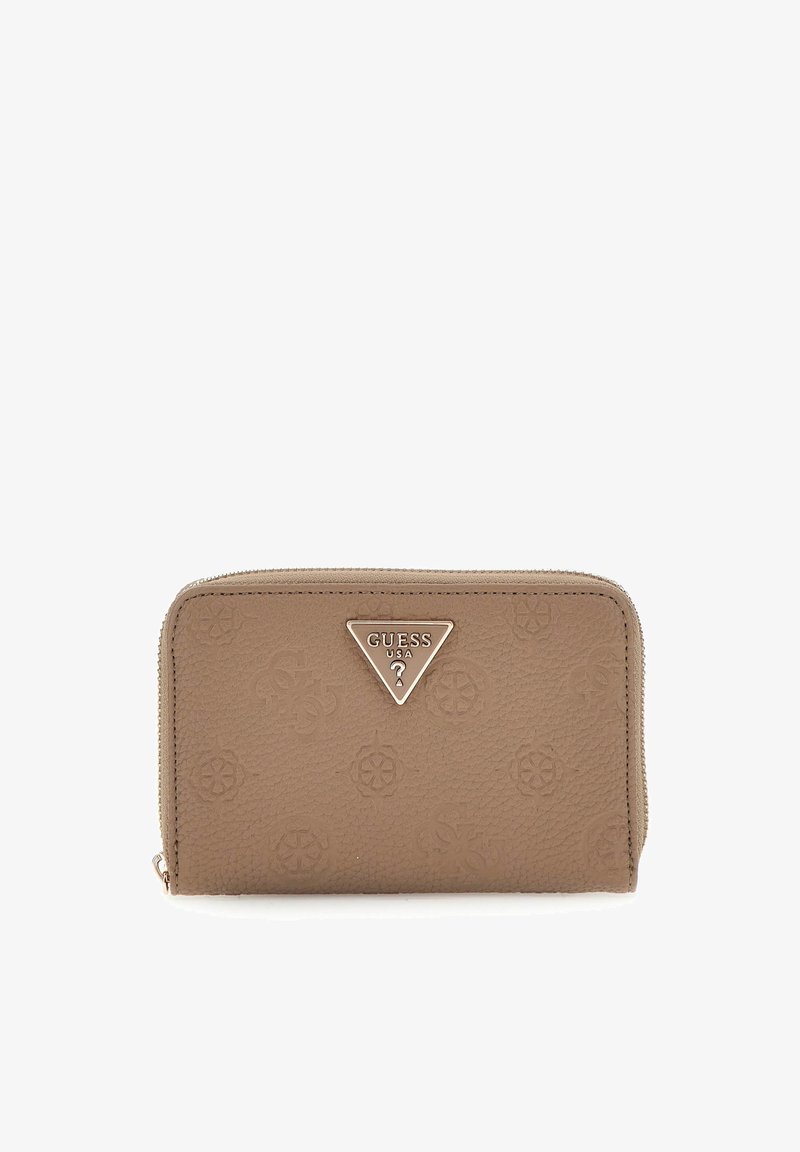 Brown textured wallet featuring embossed logo patterns and a silver triangular hardware emblem. Zipper closure along the top edge.