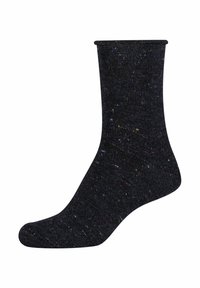 Sort prikket sok med en medium crew-højde, lavet af et tekstureret strikket stof med farverige flager spredt overalt.